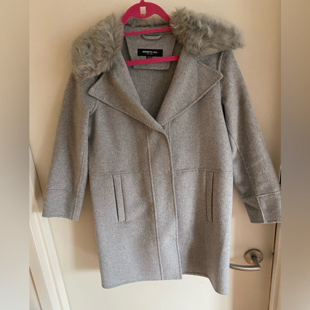 Kenneth Cole Removable Faux-Fur-Collar Single-Breasted Gray Wool Blend